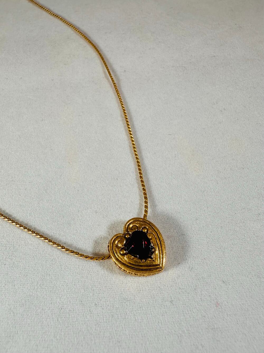 Vintage Heart Pendant Necklace 16" Red Rhinestone Gold Tone Victorian Style